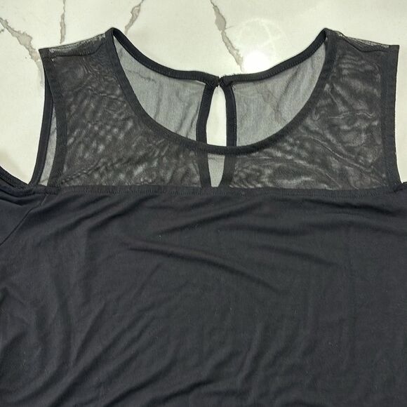 Tahari | Women’s Keyhole Black Button Semi Sheer Cold Shoulder Blouse Shirt - Picture 8 of 13